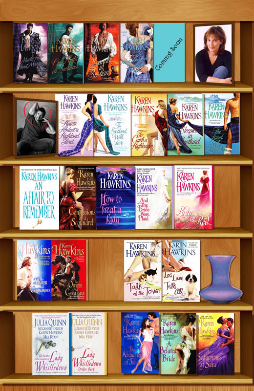 Bookshelf with Karen Hawkins books on the shelves